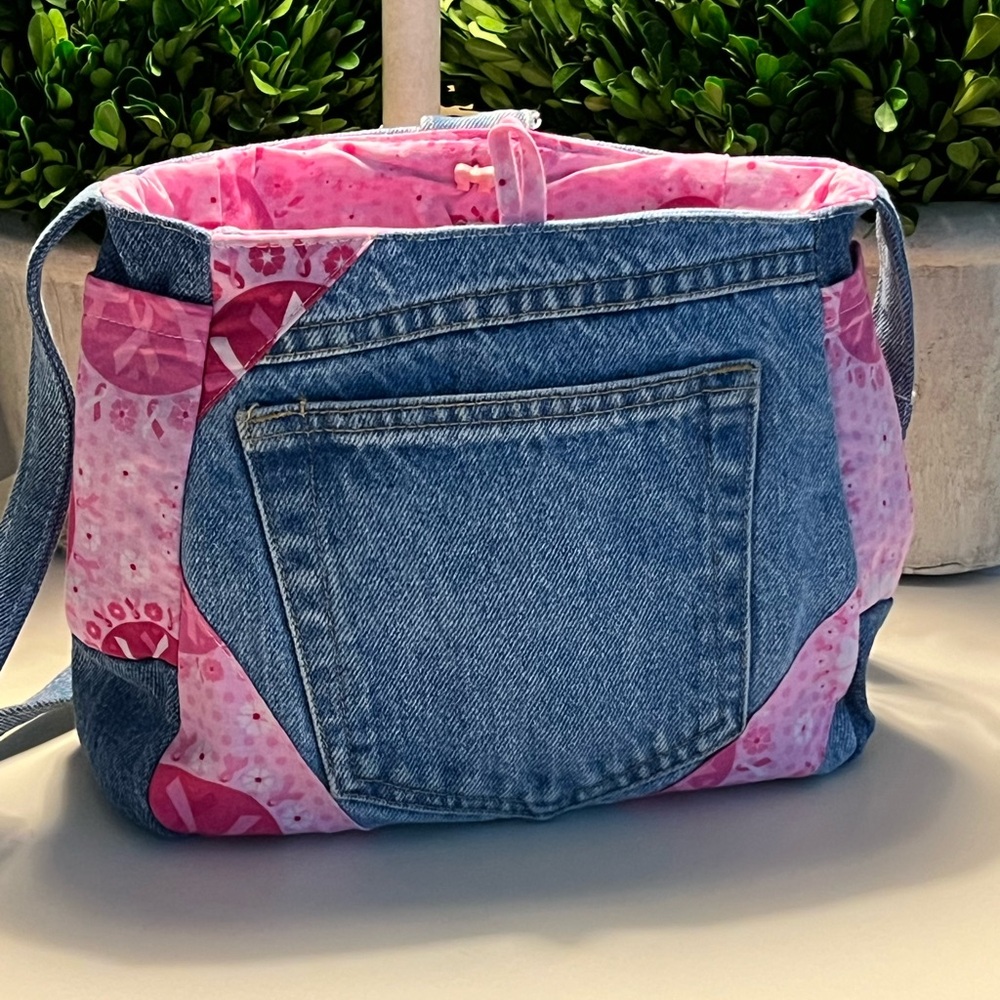 Hand Made Upcycled Denim and Pink Breast Cancer Awareness Purse